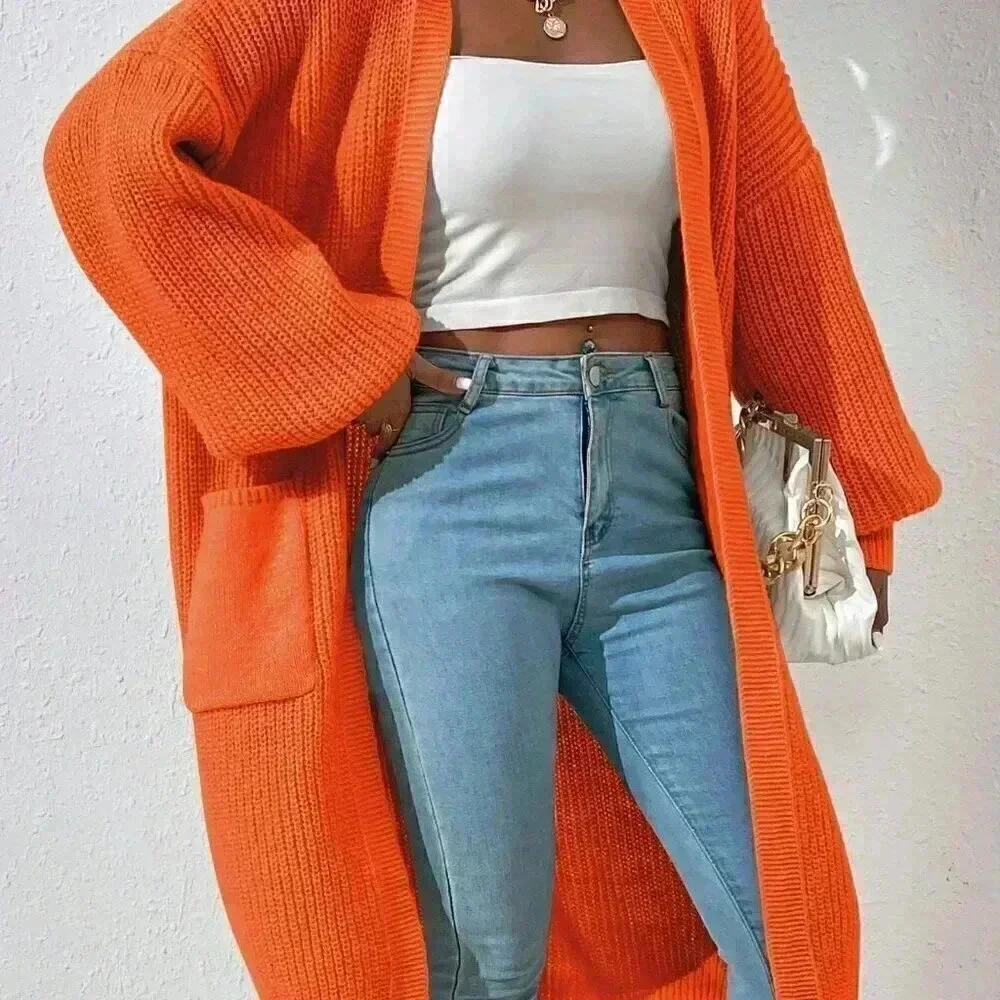 Orange Casual Women's Dual Pocket Drop Shoulder Duster Cardigan